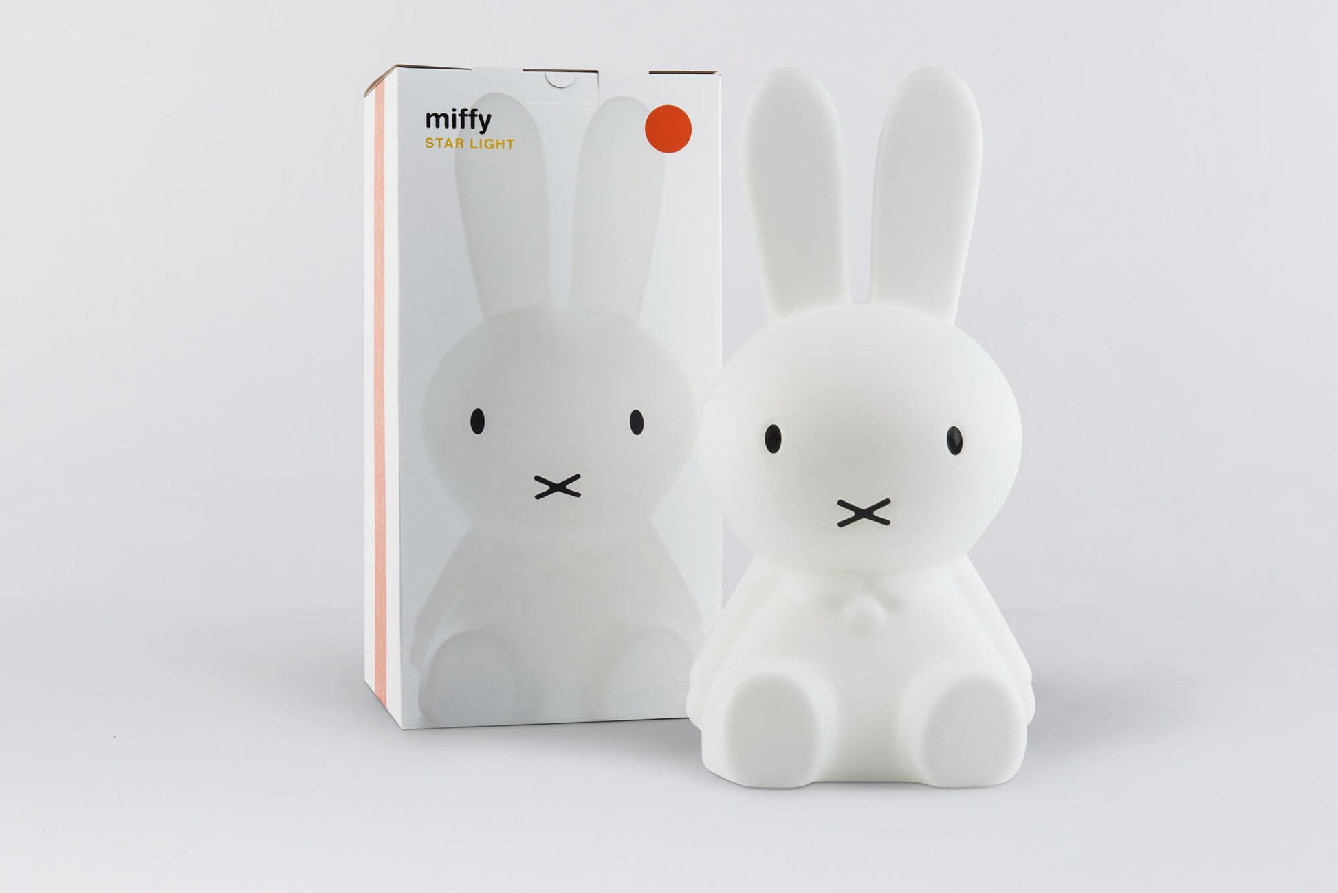 A packaged Miffy night light with a white exterior shown in a box, designed to illuminate and decorate children's rooms.