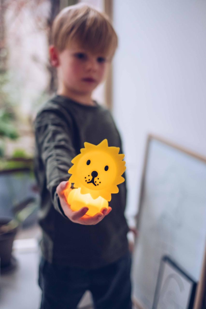 Child holding Lion Bundle of Light portable night lamp