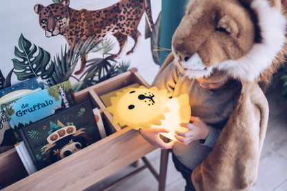 Lion First Light in a nursery setting beside books